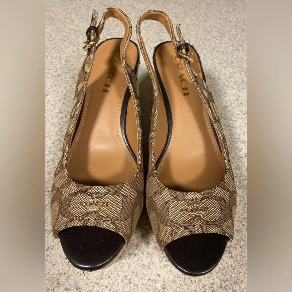 COACH Signature Tan Open Toe Wedges - Picture 2 of 6